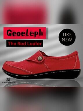 Geoeleph Sz 9.5 Women Red/Crimson Pebbbled Leather Slip-On Flat Pewter Medallion